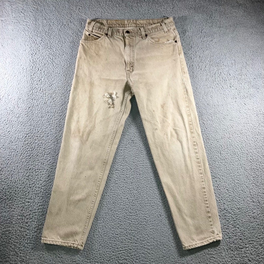 Vintage Levis 550 Orange Tab Tan Khaki Jeans Distressed Grunge Workwear USA Made